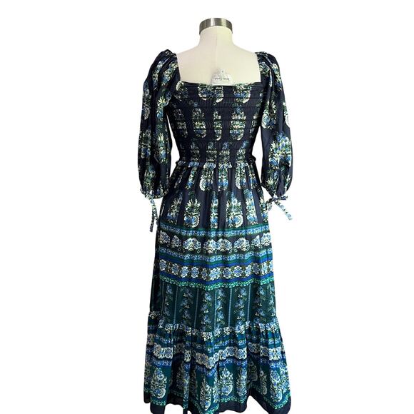 Cara Cara Jazzy Blue Green Print Puff Sleeve Smocked Cotton Midi Dress Sz S - Picture 4 of 13